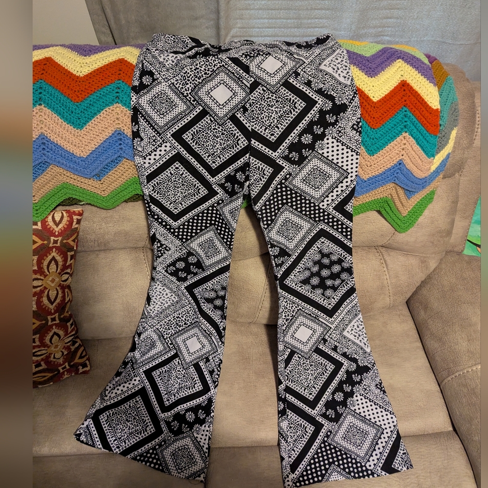 No Boundaries Black and White Patterned Flare Pants